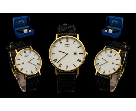 Rotary Slim-fold Gents Electro Gold Plated Date Display Wrist Watch - From the 1990's, with Black Leather Strap. Model No W12
