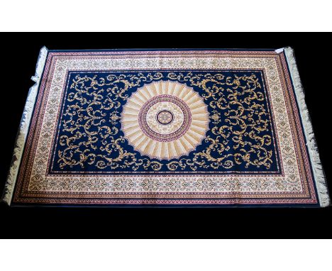 A Large Woven Silk Carpet Abusson rug with blue ground and  with traditional floral and foliate border detail with central su