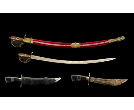Indian Made Display Purpose Only Sword and Scabbard velvet overlaid scabbard, etched blade. Length 37 inches. Together with a