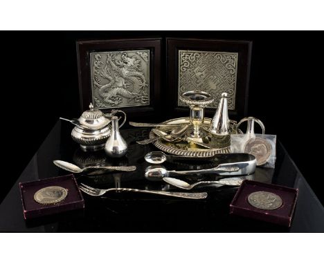 A collection Of Silver Plated Items To include two Danish spill vases, Chamber stick and snuffer, two modern pewter Oriental 