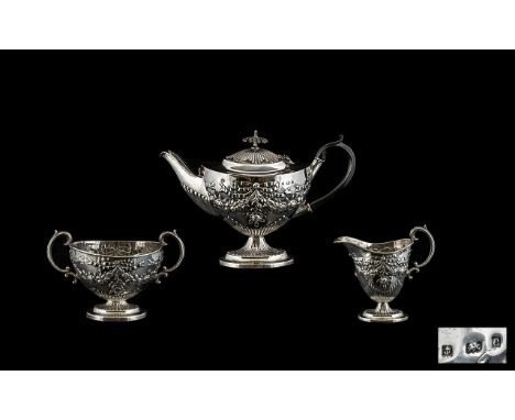 Edwardian - Nice Quality and Pleasing Silver Singles Aladdin Style 3 Piece Tea Service of Excellent Form, Ribbons and Bows De