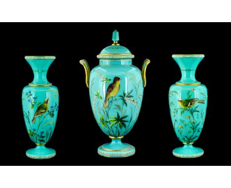 Harrach Superb Bohemian Blue Opaline Glass Enamel Garniture Set From the Mid 19th Century Enamelled on Turquoise Ground with 