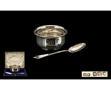 George V - Early 20th Century Silver Christening Bowl and Spoon. Hallmark London 1915, Maker R &amp; S. With Original Box. 12