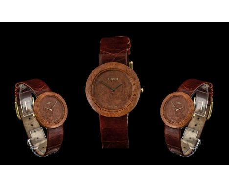 Tissot - Ladies Iconic Mid Size Circular Wood Cased Watch, with Integral Tissot, Leather Strap, Buckle Marked Tissot. c.1990'