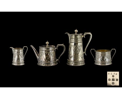 Martin Hall &amp; Co Mid Victorian Period Superb Quality Silver Plated  ( 4 ) Piece Tea Service with Superb Embossed Decorati
