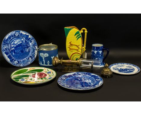 Small Collection of Ceramics to include Burlington Art Deco style yellow jug with two deer to front; a blue and white barrel 