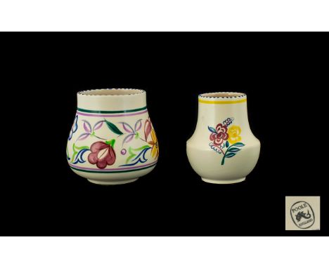 Poole - 1950's Pottery Vases ( 2 ) Each with Floral Images on White Ground, Poole Marks to Undersides of Vases. Both Vases In