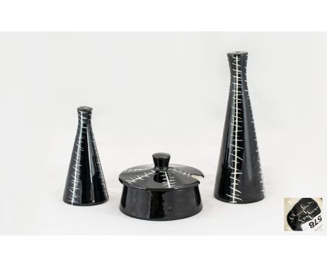 Midwinter 'Jessie Tait' 4-Piece Cruet Set.  Black &amp; White Lines, Art Deco set in excellent condition.  Please see photogr