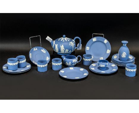 Wedgwood Blue Jasper Tea Service comprising Tea Pot, 6 x 6'' plates, 6 x small unhandled cups, 6 x saucers, 1 Cream Jug and 1