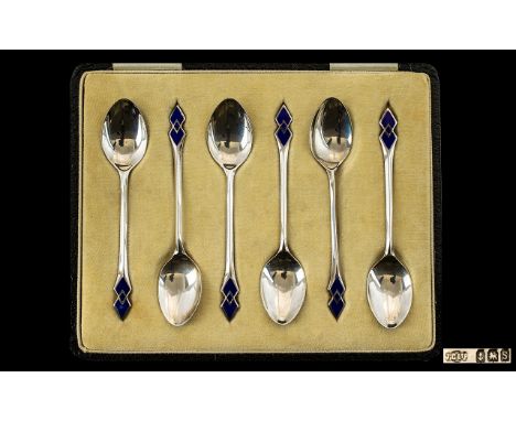 Art Nouveau Style Set of Six Blue Enamel and Silver Teaspoons In Original Box. Hallmark Birmingham 1917, Marks J.C. Ltd Josep