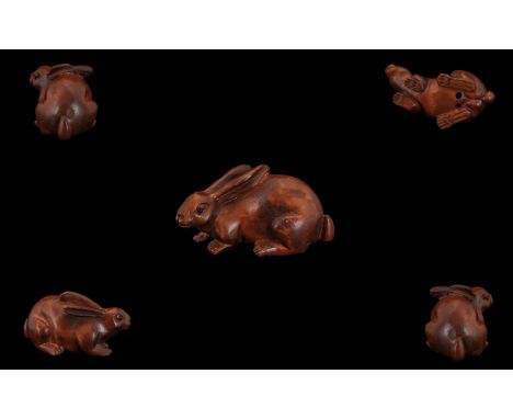 Japanese Late 19th Century Carved Boxwood Netsuke In The Form of a Long Ear Rabbit. Excellent Carving - Please See Photo. 2.2
