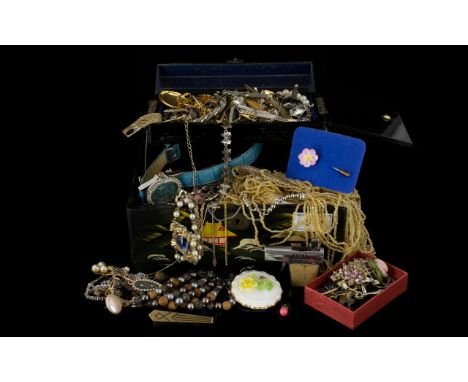 A Mixed Collection of Costume Jewellery - a black lacquer jewellery box containing a large quantity of costume jewellery incl