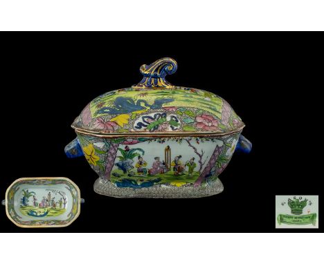 Masons Ironstone Hand Painted Twin Handled Lidded Dish, Decorated with Painted Enamel Chinese Scenes with Figures. c.1830 - 1
