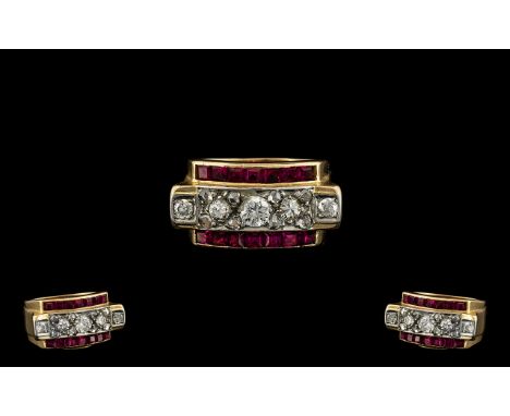 Art Deco Period 18ct Gold Diamond and Ruby Set Dress Ring, Pleasing Design, The Rubies of Wonderful Colour Est 1.50 ct. The D