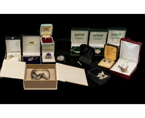 Collection of Boxed Silver &amp; Costume Jewellery comprising a silver bangle with safety chain, a gate link style bracelet, 