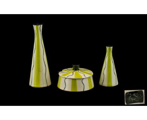 Midwinter 'Jessie Tait' 4-Piece Cruet Set.  Yellow and black wavy line Art Deco set, attractive design.  Excellent condition.