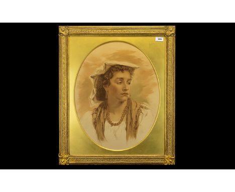 A 19th Century Framed Sepia Tone Portrait Print Depicting a continental maiden with headscarf and beads. Housed in oval gilt 