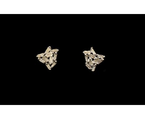 Diamond 'Firework Scatter' Stud Earrings, clusters of baguette cut diamonds in a closely set, random style pattern, encouragi