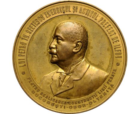  Ilfov County Prefect for Realization of the Bucharest-Obor-Oltenita railroad .Medal 1905, signed by Carniol Fiul, gilt Bronz