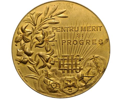 Medal 1927, signed by Carniol fiul, gilt Copper ( 60mm, 75.90 g). R! XF+ 