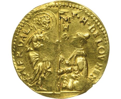 Grand Master kneels before St. John the Baptist. Rv. Christ standing in lenticular frame. Fr.8. Fascinating coin closely patt
