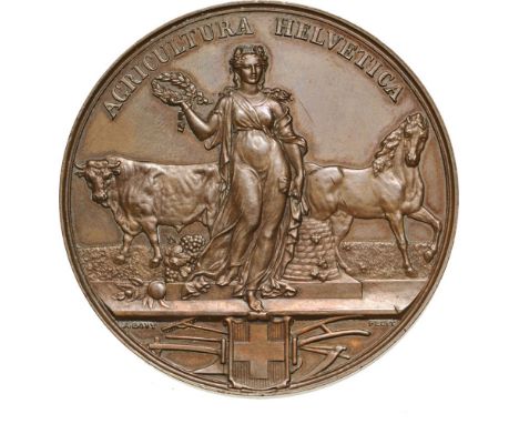 Reverse engraved: FRIBOURG 1877. Schweizer Medaillen 205. XF, in a case for â€ž VII. Schweiz. Ausstellung fÃ¼r Landwirtschaft