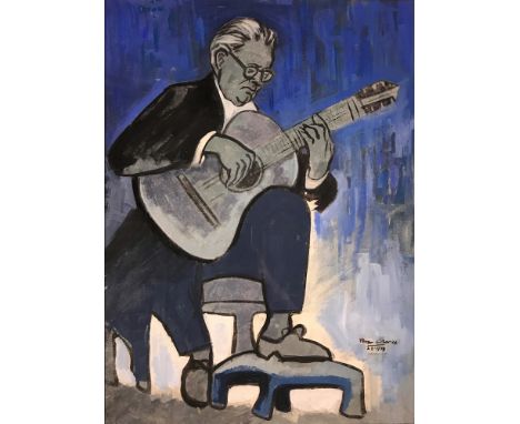 Portrait of Segovia signed and dated 2.8.1973 oil and gouache on card 57 by 42cm  Gifted to the current owner by the artist a