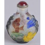 A 19TH CENTURY CHINESE FIVE-COLOUR PEKING GLASS SNUFF BOTTLE, decorated with boys, fish, and lotus