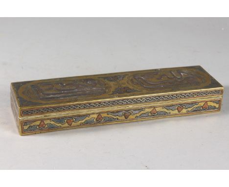 A FINE 19TH CENTURY SYRIAN DAMASCUS SILVER AND COPPER INLAID BRASS PEN BOX, with fine Arabic calligraphy, 23cm long.
