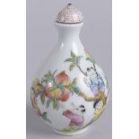A 20TH CENTURY CHINESE FAMILLE ROSE PORCELAIN SNUFF BOTTLE, with boys and peach blossom, base with