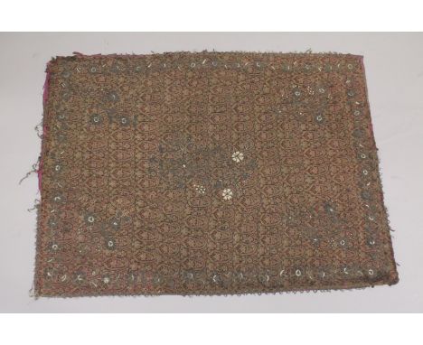 A VERY FINE 19TH CENTURY PERSIAN QAJAR SILVER THREAD AND SEED PEARL EMBROIDERED TEXTILE.