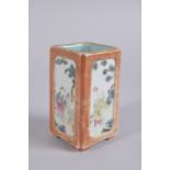 A 19TH CENTURY CHINESE FAMILLE ROSE PORCELAIN SQUARE-FORM BRUSH POT, finely painted with panels of