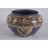 A LARGE EARLY 20TH CENTURY CLOISSONE BOWL, with decorative panels of phoenix and other stylised
