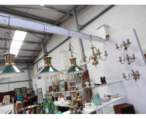 A brass ceiling light, 3 matching brass wall lights and 3 hanging lights with metal shades