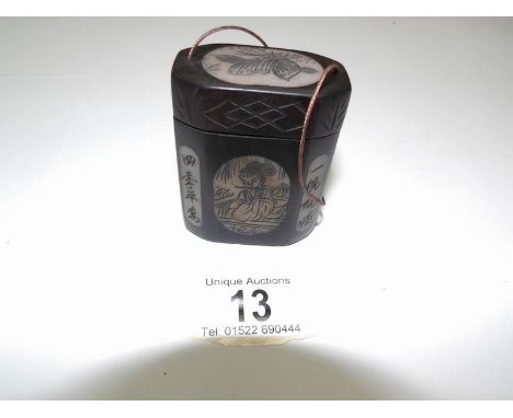 A Chinese hard wood and bone 'Bells Blessing characters' snuff box