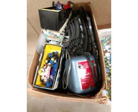 A box of vintage Scalextrix including cars, track etc