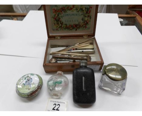 A wooden box and contents including hip flask, Chinese box and snuff bottle etc