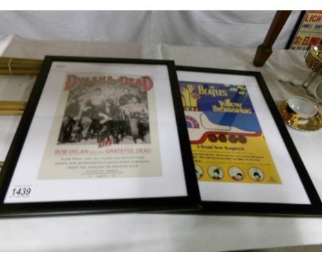 A framed and glazed Beatles poster and a Bob Dylan poster