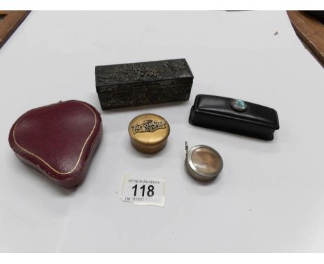 4 boxes including 'Forget Me Not' box, cast metal box, Japanese box etc and a Baden Powell tape measure
