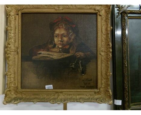 An oil on board 'Young Girl' portrait study after Rembrandt signed W J Monroe, image 42 x 42 cm