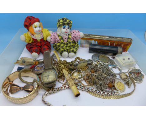 Costume jewellery including a plated bangle, a wristwatch, etc.