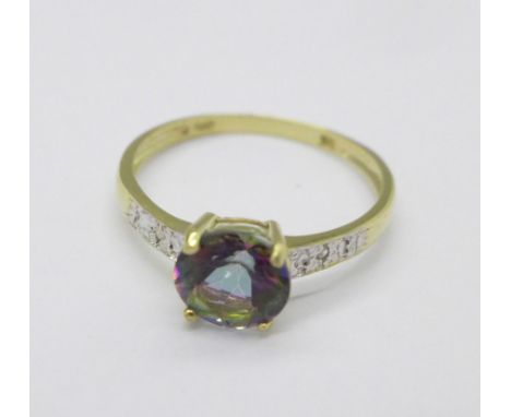 A 9ct gold, mystic topaz and diamond ring, 1.3g, N