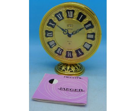 A Jaeger Recital bedroom alarm clock, 8 day movement, diameter 84mm