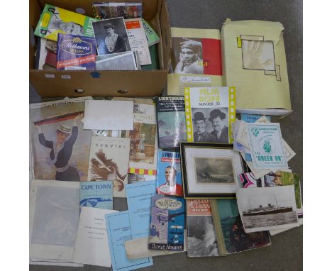 A box of ephemera including books, pamphlets, programmes, etc., and a Muhammed Ali hand print impression, boxed
