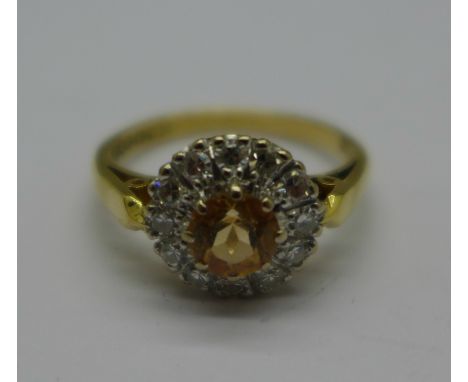 An 18ct gold, citrine and diamond cluster ring, 3.0g, J