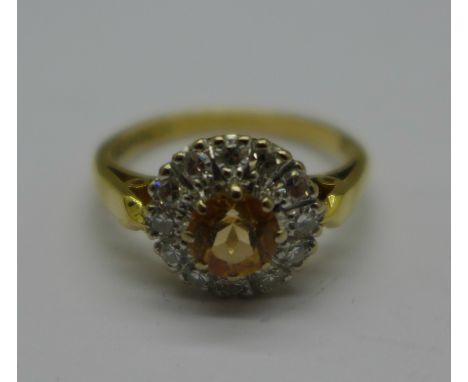 An 18ct gold, citrine and diamond cluster ring, 3.0g, J