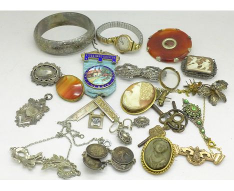 Jewellery including a silver bangle, other silver jewellery, stone set jewellery, a silver fob, a lady's 9ct gold cased wrist