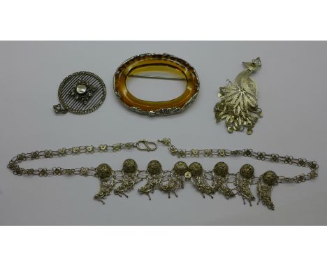 A Chinese style brooch, a silver, blister pearl and paste pendant, etc.