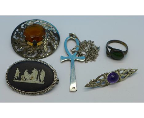 Three brooches, a pendant and a silver ring