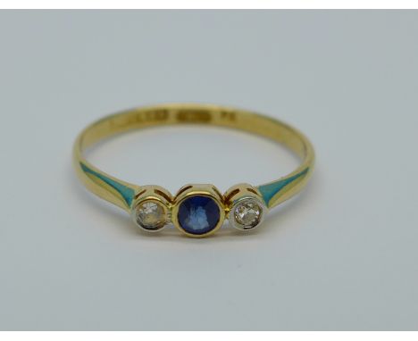 An 18ct gold, sapphire and diamond three stone ring, 1.3g, O